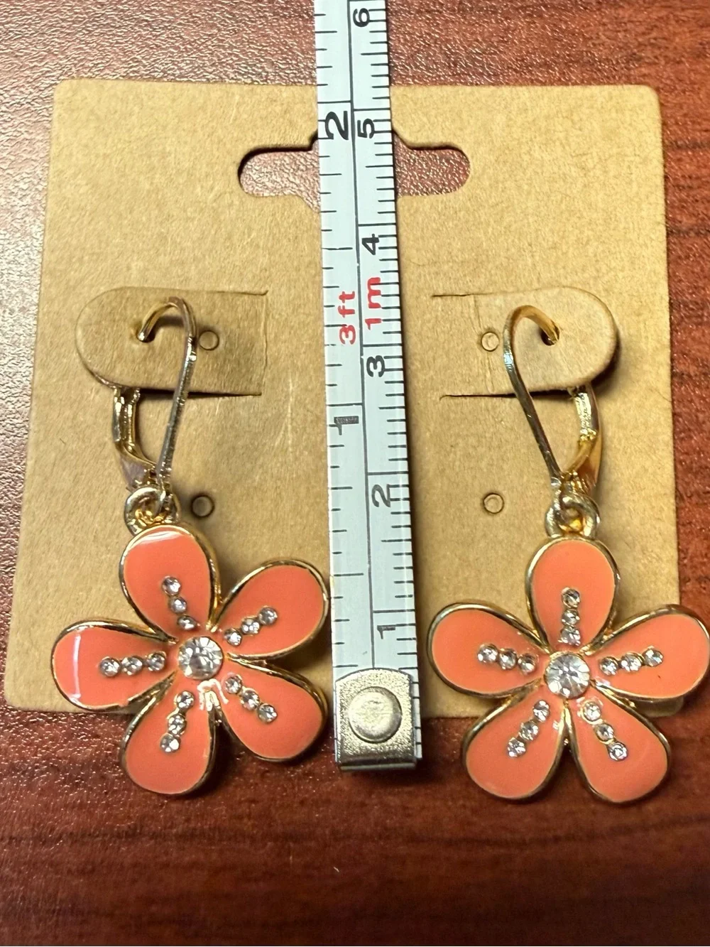 Gold-Tone Coral Flower Drop Earrings with Crystal Accents